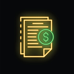Poster - Neon glowing dollar sign is attached to a document, representing payment for services rendered or goods purchased