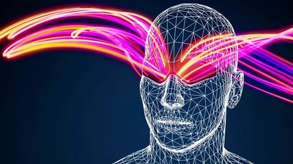 Leinwandbilder - a futuristic wireframe human head with a glowing neon visor emitting vibrant pink and orange light trails.