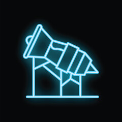 Poster - Neon sign representing a spot light pointing upwards on a black background, ideal for concepts such as show business, marketing and advertising