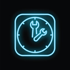 Poster - Neon glowing icon of a clock with wrenches representing repair time