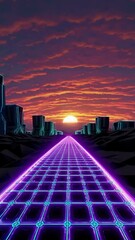 Poster - a neon-lit retro-futuristic landscape with a glowing grid road leading to a massive sunset.
