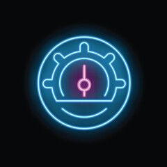 Poster - Neon sign of ship steering wheel glowing on black background, shining nautical icon illustration