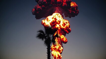 Leinwandbilder - a lone palm tree silhouetted against an enormous fiery explosion in the sky.