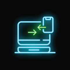 Poster - Neon icon of data transferring from smartphone to laptop glowing on dark background