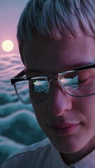 Leinwandbilder - a futuristic portrait of a person wearing wireframe glasses, gazing at a glowing sun over surreal pastel mountains.