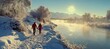 © Huzaifa - A couple holding hands while walking along a snowy riverbank