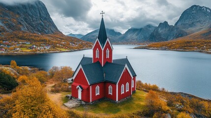 Wall Mural - Red church standing on a hill overlooking a fjord in reine, lofoten islands, norway