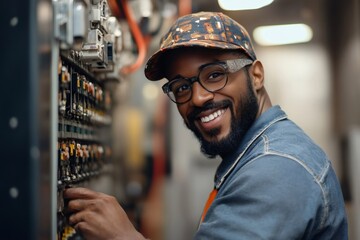 Poster - Electrician working on an electrical panel in a server room, smiling