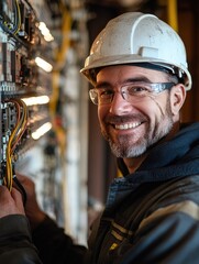 Poster - Smiling engineer working on electrical panel in industrial environment