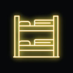 Poster - Yellow glowing neon line bunk bed icon isolated on black background. Vector illustration