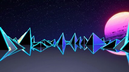 Fototapete - a futuristic low-poly landscape with glowing geometric mountains under a vibrant neon sun.