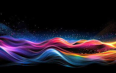 Poster - Experience a mesmerizing dance of colorful waves and particles against a deep black backdrop, evoking a sense of movement and energy in this stunning digital artwork.
