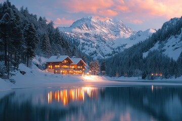 Wall Mural - Wooden chalet reflecting on a snowy mountain lake at twilight