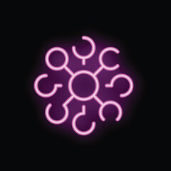 Poster - Glowing purple neon virus icon on black background, symbolizing the spread of a global pandemic