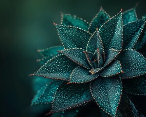 Canvas Print - Close-up of Dewy Green Succulent Vibrant Macro Photography on Dark Background with Natural Light