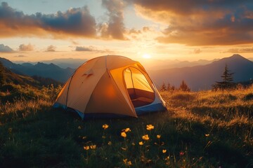 Wall Mural - Illuminated tent embraces majestic mountain sunset during camping adventure