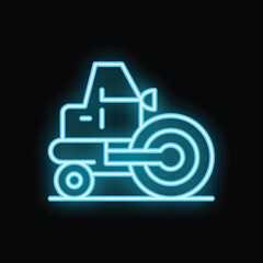 Poster - Bright blue neon icon of a road roller working on a road construction project