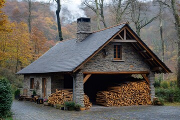 Wall Mural - Rustic cabin with stacked firewood in autumn forest