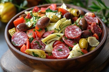 Wall Mural - Sliced sausage with artichokes and olives composing a delicious mediterranean salad