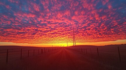 Poster - A stunning sunset unfolds beyond a dirt road, as vibrant clouds ignite in shades of red and orange, framing silhouetted power lines against a tranquil sky