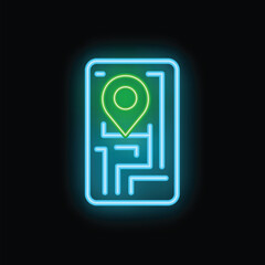 Poster - neon map application is showing location with pin icon on smartphone screen