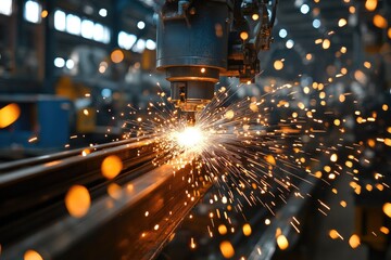 Aufkleber - Industrial laser cutting metal and producing sparks in a factory