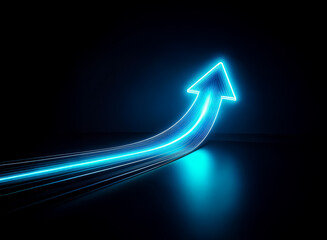 Poster - A vibrant blue arrow, illuminated with a neon glow, curves upwards against a dark backdrop, suggesting forward movement and positive direction.