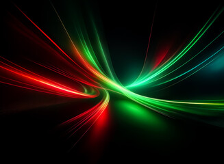 Fototapete - Abstract image featuring vibrant streaks of red and green light swirling dynamically against a dark backdrop, creating a sense of movement and energy.