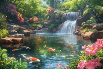 Wall Mural - Koi pond waterfall garden serenity nature peaceful