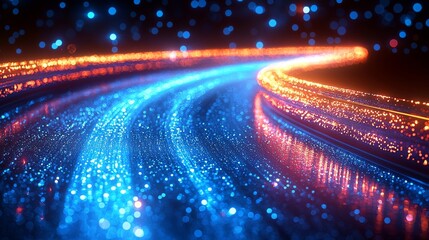 Poster - Illuminated moving neon blue lights trace through a dark tunnel