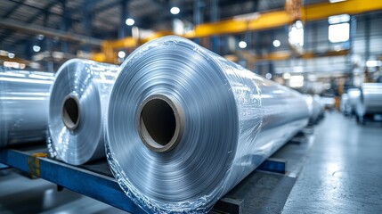 Poster - In a bustling manufacturing space, large rolls of shiny metal sheets are meticulously arranged on a sturdy platform, representing modern industrial efficiency and precision engineering