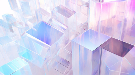 Poster - A white geometric background with holographic accents, featuring cubes and boxes, ideal for high-tech presentations.

