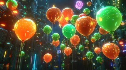 Aufkleber - A mix of floating neon-colored party balloons against a dark futuristic background, vibrant and bold.