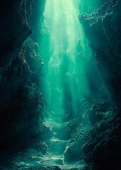 Wall Mural - venture into the depths of a dark green and blue glowing grainy gradient background. this noise text