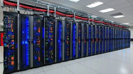 Poster - An in-depth look at a current data center server room filled with rows of sophisticated equipment. Blue and orange LED lights denote active network connections and system operations