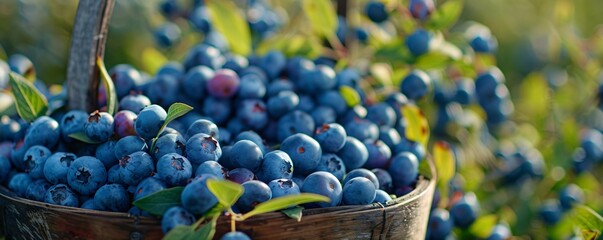 Poster - Farmer holding a wicker basket filled with freshly picked blueberries in a blueberry field