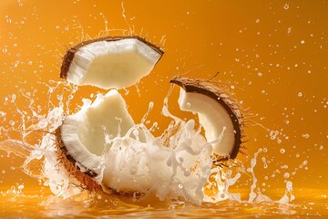 Fototapete - Coconut pieces falling into water creating a big splash on orange background