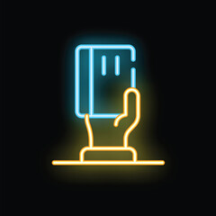 Poster - Neon sign of a hand holding a credit card, glowing blue and yellow on black background