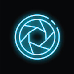 Poster - Blue neon camera shutter glowing in the dark, photography symbol