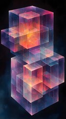 Poster - A captivating abstract composition of layered translucent cubes, blending soft purple and orange hues, evoking a sense of depth and cosmic wonder against a dark background.