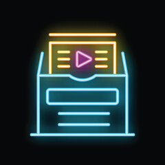 Poster - Bright glowing neon icon of a video file storage folder, representing digital content organization