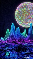 Poster - Depict a surreal alien terrain of neon mountains with a massive glowing planet on the horizon.