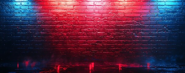 Wall Mural - vivid neon lights flicker against a gritty, unfinished brick wall, with red and blue lighting effect