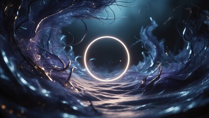 Poster - abstract representation of swirling water with a glowing ring at night in a mystical environment