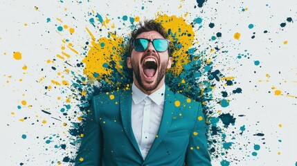 Wall Mural - A vibrant portrait of a man in a suit expressing joy against a colorful paint splash background.