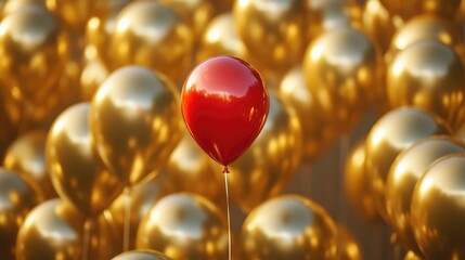 Poster - A single red balloon floating among many golden balloons, highlighting individuality and celebration.