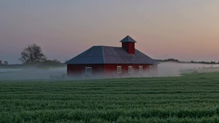 Aufkleber - Red barn surrounded by misty fields at dawn in rural landscape