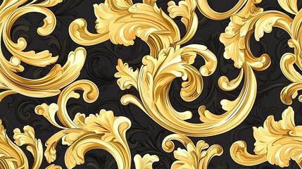 Wall Mural - Golden Baroque swirls pattern, elegant design, fabric texture, dark background, wallpaper design