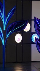 Leinwandbilder - glowing circular cutouts set into a dark tiled background with large blue leaves. A