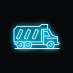Poster - Glowing blue neon icon of a dump truck, isolated on a black background